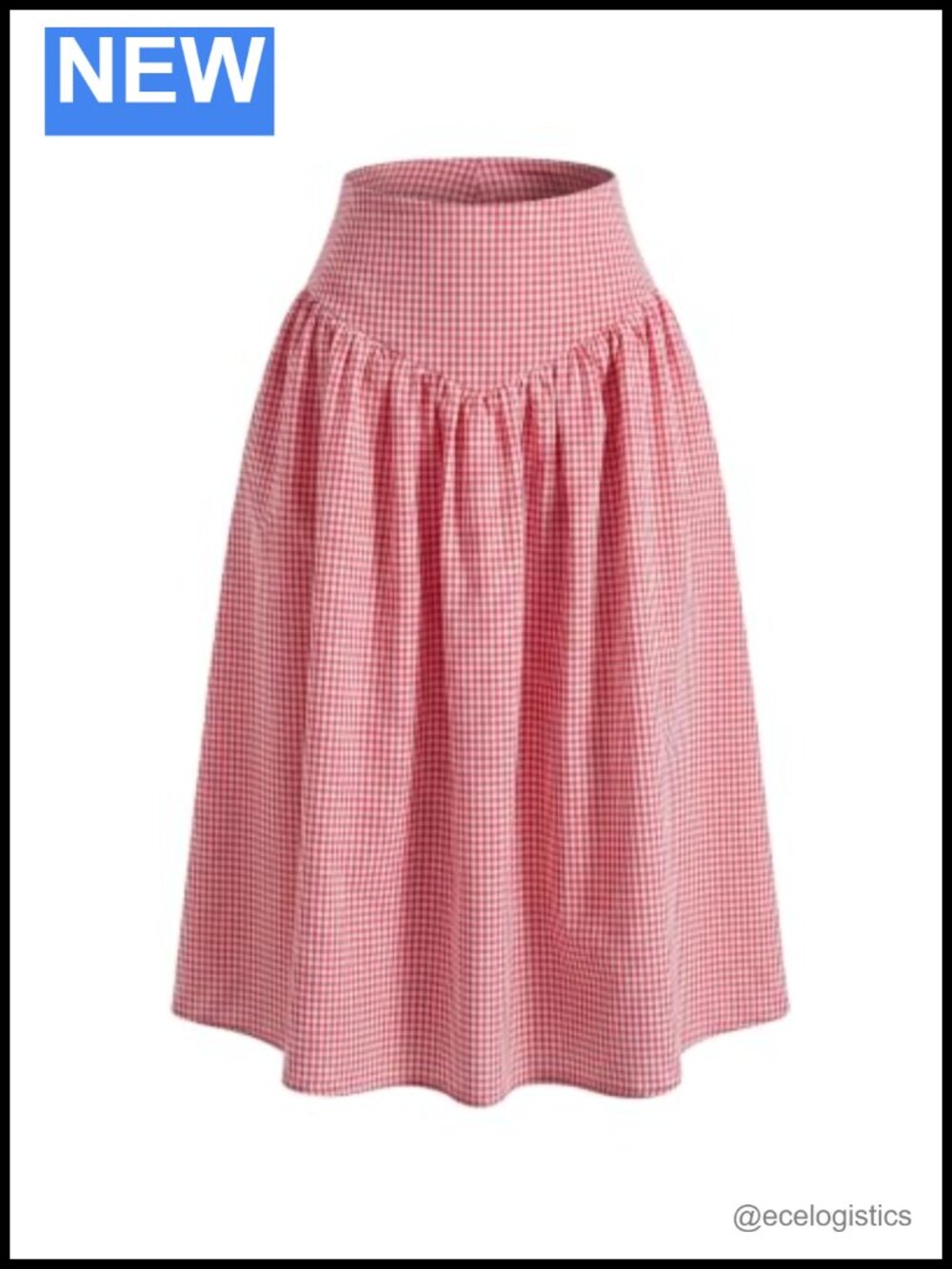 Gingham Plaid Midi Skirt High Waisted A-Line Pull On Cotton Blend